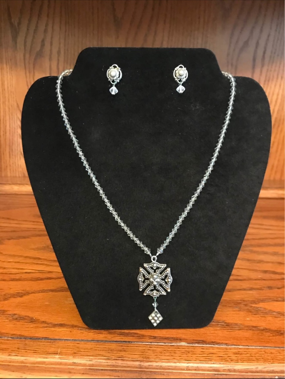 F.A.I.T.H Vintage Silver Marcasite Cross Pendant Necklace and Earrings Set
